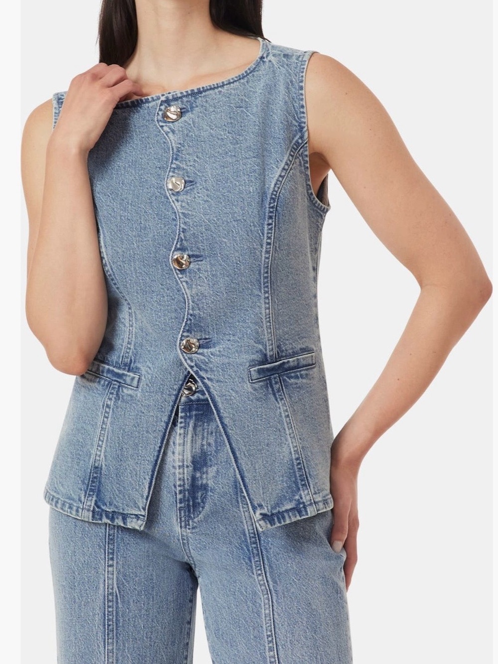 Habitual Sleeveless Light Blue Denim Vest with decorative silver buttons. Size S
